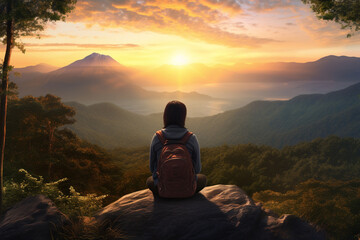 Hiker Sitting Watching the Sunset in the Mountains, Person Sitting on a Mountain Top