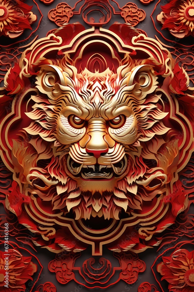 Poster a vibrant red and gold paper cutout of a dragon. perfect for adding a touch of eastern culture and s