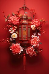 A vibrant red lantern adorned with beautiful flowers and a tassel hanging from it. This picture can be used to add a pop of color and elegance to various projects and designs.
