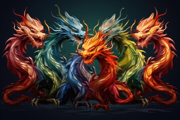 A group of four vibrant and colorful dragons set against a dark background. This image can be used to add a touch of fantasy and excitement to various creative projects.