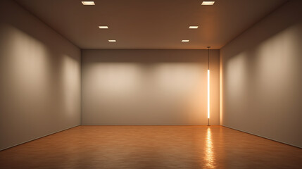 Large empty room with ceiling lights, decorative neon lamp, and smooth reflective floor. Modern minimalist architecture. Interior of a spacious empty hall. Copy space.