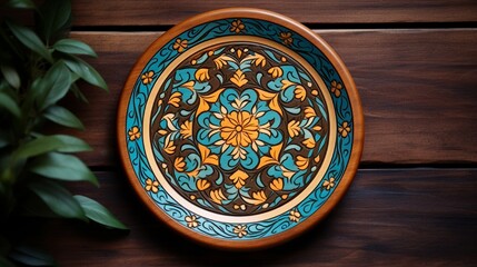 Arabic carved ornament on wooden plate,painted patterns. Souvenir plate.