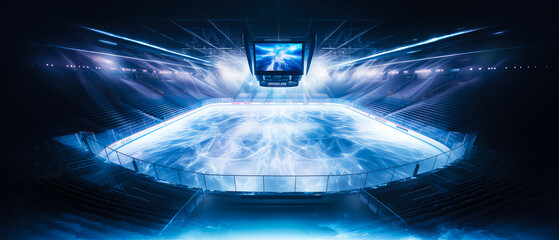 Ice Rink Background. Isometric, top view. Professional Arena illuminated by lights, spotlights with smoke. Copyspace. Winter poster for hockey competitions. Ice skating. Stadium. Generative ai - obrazy, fototapety, plakaty