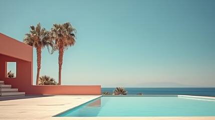 Luxury villa with a swimming pool near the sea. Turquoise water, clear sky, and palm trees. Tropical resort, summer vacation. Copy space.