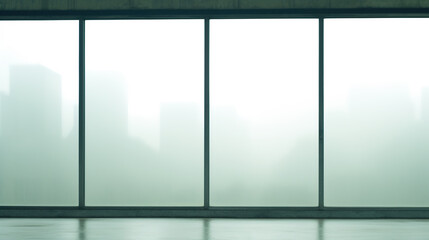 Large windows of a corporate office building, with downtown seen through the mist. Foggy day in the city. Big clean windows with a view. Copy space.