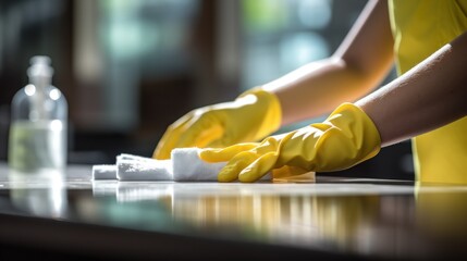 A person in yellow gloves cleaning a table, AI