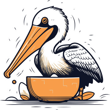 recommend clip art: Pelican with a bowl. Vector illustration isolated on white background.