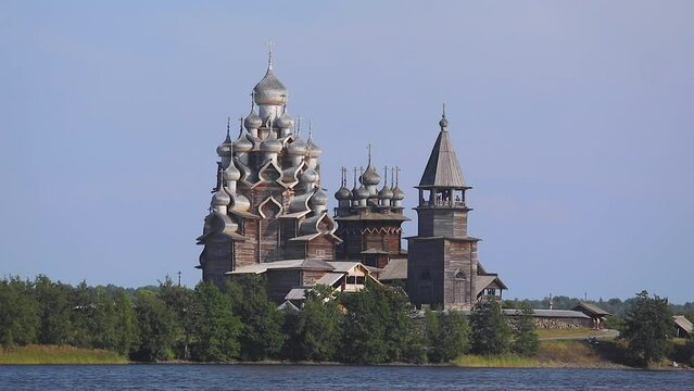 Kizhi Island and Kizhi Pogost wooden church open-air museum, summer vibrant view of Onega Lake, Medvezhyegorsky District, Republic of Karelia, Russia