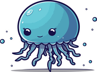 Cute cartoon blue jellyfish. Vector illustration isolated on white background.