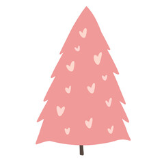 Christmas tree illustration vector in pink color and heart shapes simple cartoon drawing modern trendy design