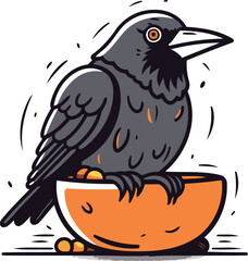 Naklejka premium Crow sitting on a bowl. Vector illustration in cartoon style.