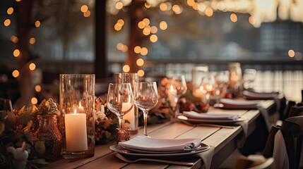 Elegant Wedding Table Setting with String Lights and Candles - Festive Terrace Decor - obrazy, fototapety, plakaty
