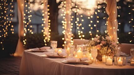 Elegant Wedding Table Setting with String Lights and Candles - Festive Terrace Decor”