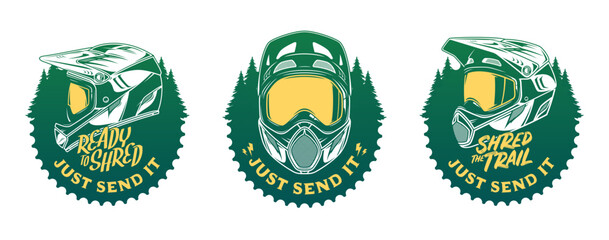 Set of vector mountain biking badges with full face helmet, goggles and pine trees