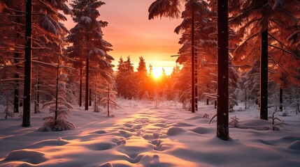 Sunset in the wood in winter period