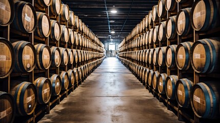 Barrels in whiskey distillery
