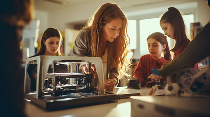 Young smart girls learning 3D printing at school, they are using a 3D printer and a laptop, science and education concept - obrazy, fototapety, plakaty