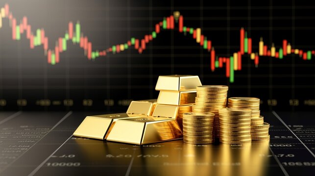 Stack of gold with trading graph, financial investment concept can be use as background