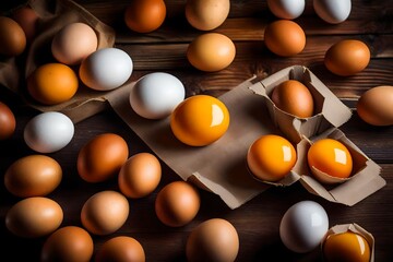Uncooked eggs on a wooden backdrop