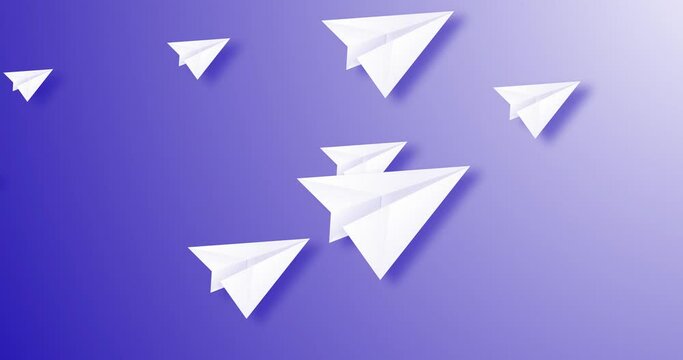 paper planes flying from left to right different size and different distance over a blue color gradient background. Abstract flat animated motion graphics background for presentation and website..