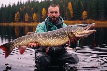 Fisherman holding trophy Pike