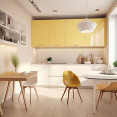 Kitchen interior in modern house. Yellow and white furniture
