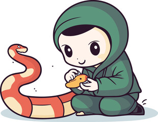 Naklejka premium Cute boy playing with snake. Vector illustration in cartoon style.