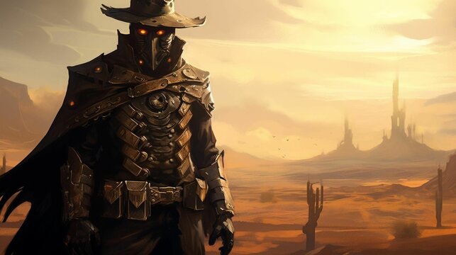 AI generated illustration of a rugged cowboy in a black outfit and mask amid a desert landscape