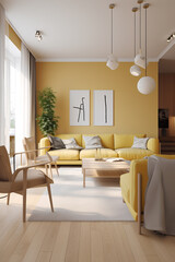 Interior of living room in yellow colors in modern house.