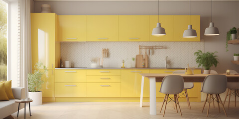 Cozy kitchen interior in yellow color in modern house. Front view - obrazy, fototapety, plakaty