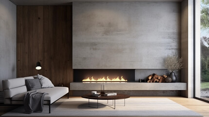 modern, concrete style living room with beautiful fireplace and wood, grey walls modern minimalist styling, interior design, hotel suite