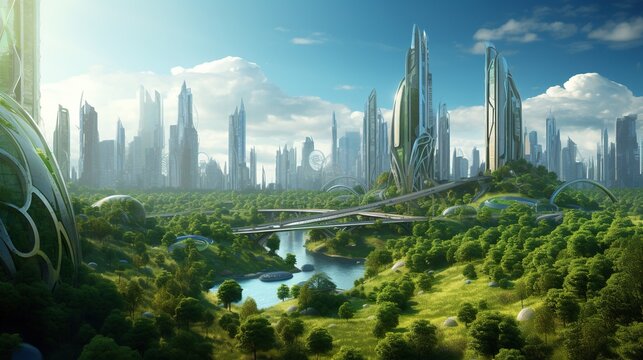 futuristic eco green city skyline with skyscrapers and gardens, future architecture