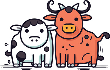 Obraz premium Cute cow and bull. Vector illustration. Flat design style.