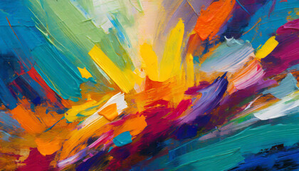 Closeup of abstract rough colorful bold rainbow colors explosion painting texture, with oil brushstroke, pallet knife paint on canvas - obrazy, fototapety, plakaty