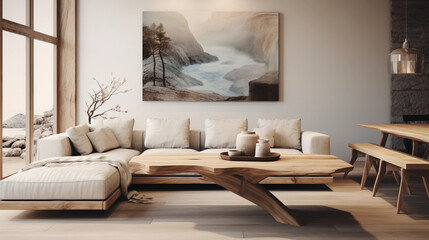 Obraz premium luxury apartment, clean interior, warm living room with pictures, comfortable couch and decorations, modern style