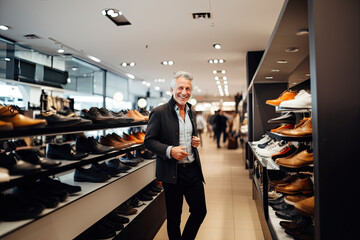 A stylish adult man shopping for a fashionable wardrobe, carefully selecting elegant clothing and shoes. - obrazy, fototapety, plakaty