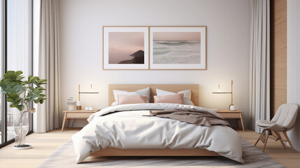 Fototapeta na wymiar modern, Scandinavian style bedroom with art on the wall, minimalist hotel room in beautiful light colours