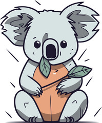 Obraz premium Cute koala with a leaf. Vector illustration in cartoon style.