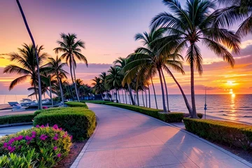 Tuinposter Sonnenuntergang am Meer und Palmen © Emil Lazar