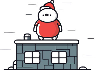 Santa Claus on the roof of the house. Vector illustration in line style.