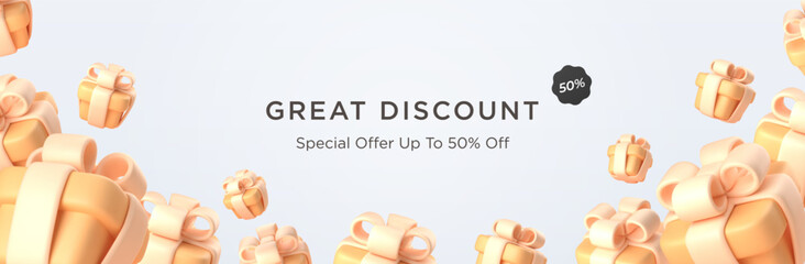 3d realistic festive yellow gift boxes with ribbon and bow. Presents banner advertisement flyer template. Vector illustration.