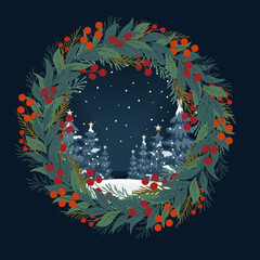 Vector Christmas wreath in flat style. Winter landscape. Christmas card.