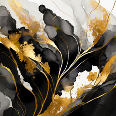 Abstract marbled ink liquid fluid watercolor painting texture banner illustration - Black petals,...