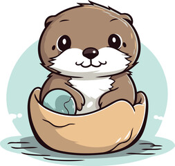 Cute otter sitting in the egg box. Vector illustration.