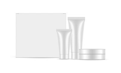 Cosmetic Cream Set. Packaging Box, Tubes and Jar, Isolated On White Background. Vector Illustration