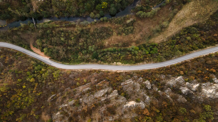 Top down aerial view drone image on the road trough the trees and forest in mountain range in autumn day in Serbia Travel journey and vacation concept