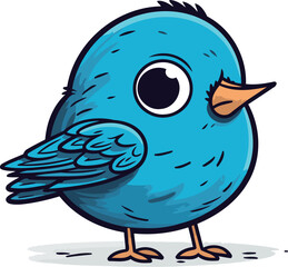 Cute cartoon blue bird isolated on white background. Vector illustration.