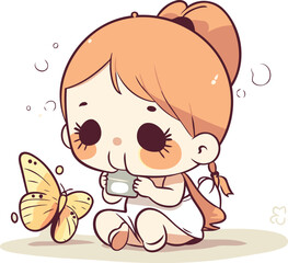 Cute little girl with a cup of coffee. Vector illustration.