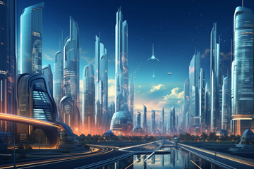 Visionary Futuristic Megacity Skyline - Urban Landscape  - obrazy, fototapety, plakaty