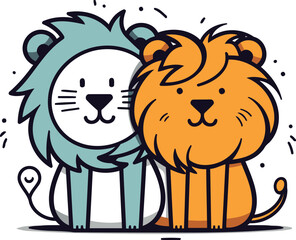 Lion and lioness. Cute cartoon animal vector illustration.